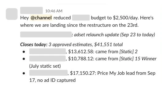 Slack message from a HVAC client, names blurred