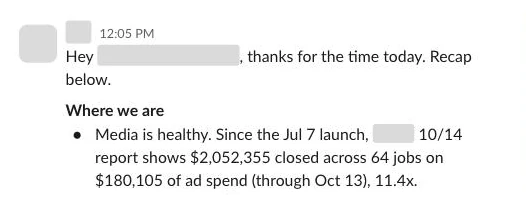Weekly results recap for a roofing client, names blurred