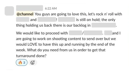Slack message from a roofing client, names blurred