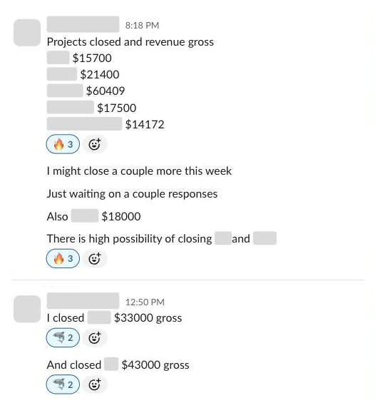 Slack message from a roofing client, names blurred